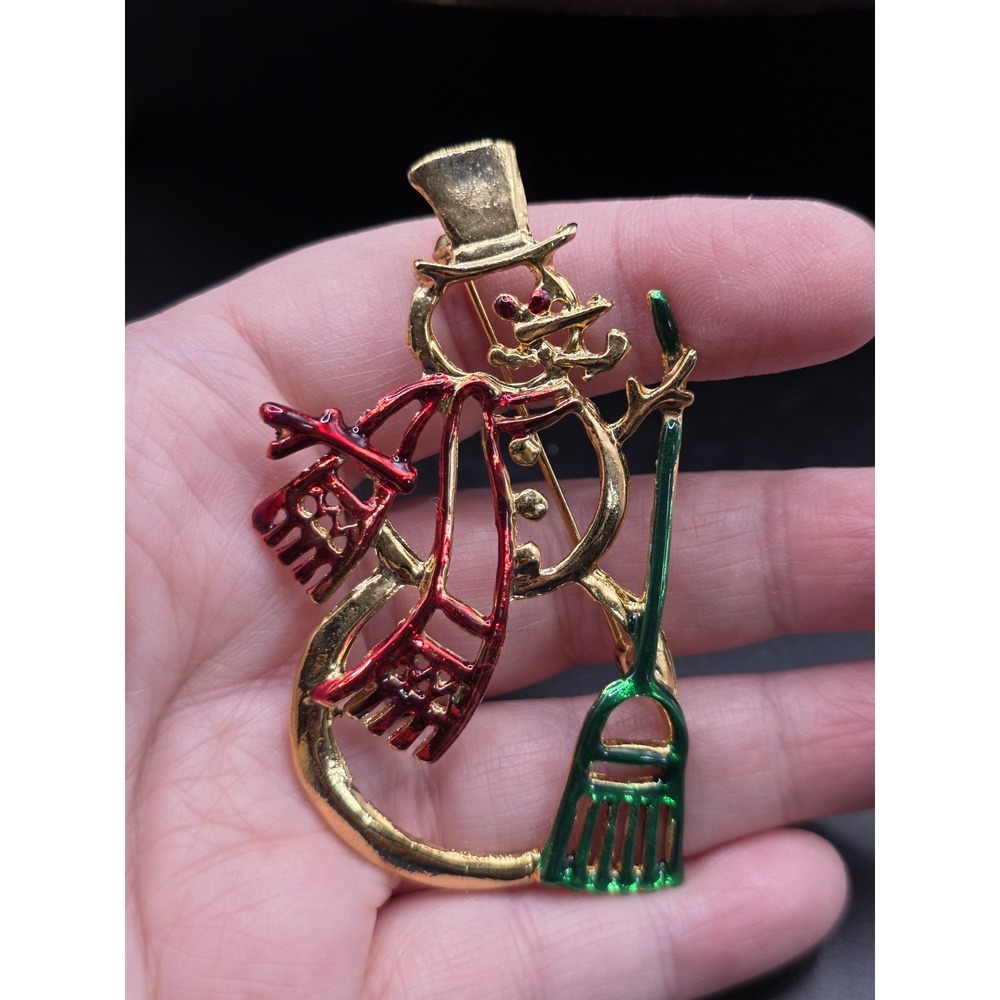 vintage (JJ) snowman brooch gold-tone metal with Red & Green Accents
